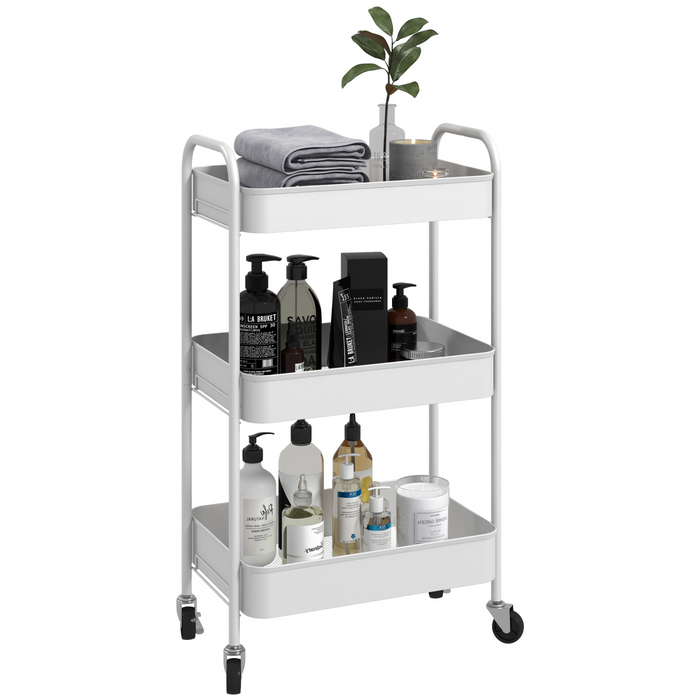 3-Tier Steel Storage Trolley – White Rolling Kitchen Cart with Baskets & Wheel - Samanta Factory