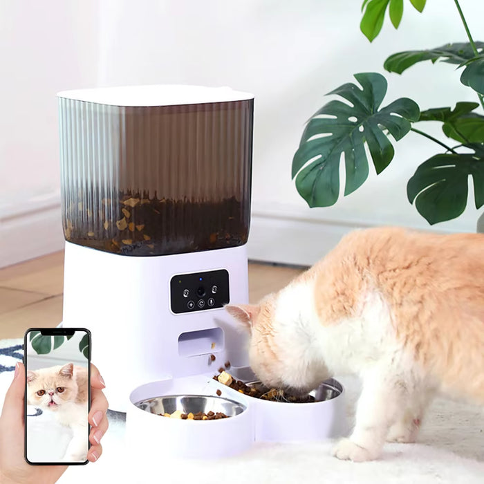 Smart 5L pet food dispenser with dual compartments and stainless steel bowls for cats and dogs

