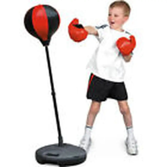 Adjustable kids boxing set with red and black punching ball, gloves, and water-fillable base