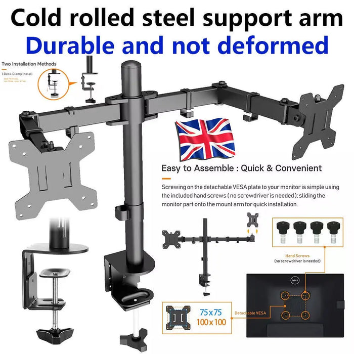 Double Twin Arm Desk Mount Bracket LCD Computer Monitor Stand 13”-27” Screen TV