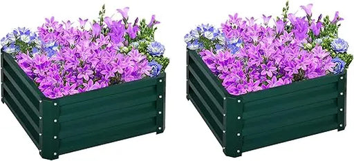 Set of two green galvanised steel raised garden planter boxes with open bottom

