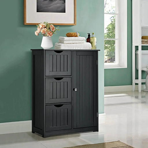 Modern MDF freestanding bathroom storage cabinet with drawers and adjustable shelf in white finish

