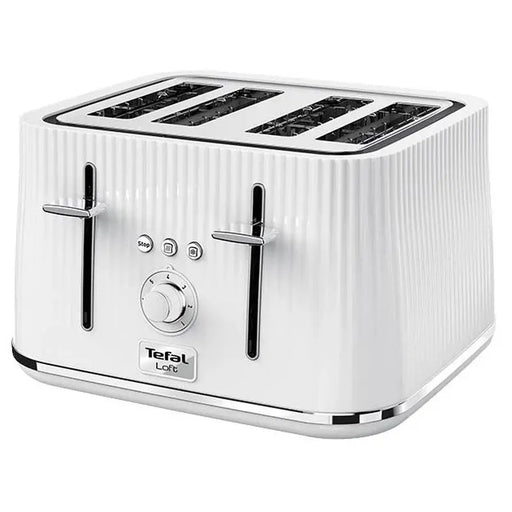 4-slice fluted white toaster with extra-wide slots and chrome accents

