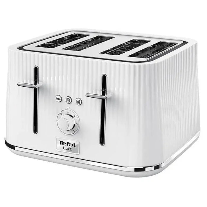 4-slice fluted white toaster with extra-wide slots and chrome accents

