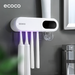 Modern wall-mounted toothbrush holder with 4 magnetic cups, built-in toothpaste dispenser, and LED display showing time and temperature