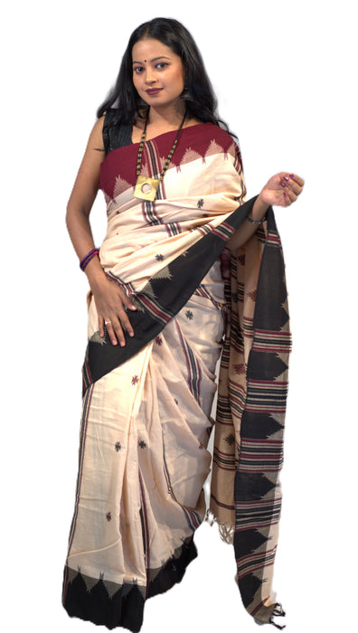 Kotpad Saree – Natural Color with Contrasting Tribal Motif Border - Samanta Factory