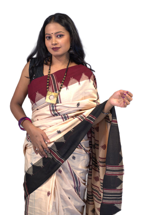 Kotpad Saree – Natural Color with Contrasting Tribal Motif Border - Samanta Factory
