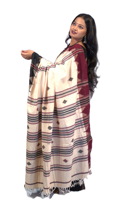 Kotpad Saree – Natural Color with Contrasting Tribal Motif Border - Samanta Factory