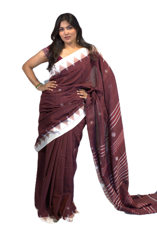 Kotpad Saree – Natural Maroon Body with Buti Tribal Motifs - Samanta Factory