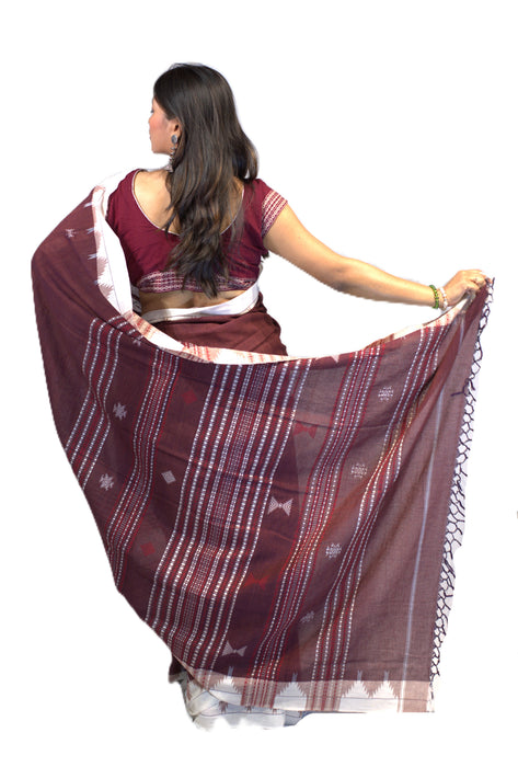 Kotpad Saree – Natural Maroon Body with Buti Tribal Motifs - Samanta Factory