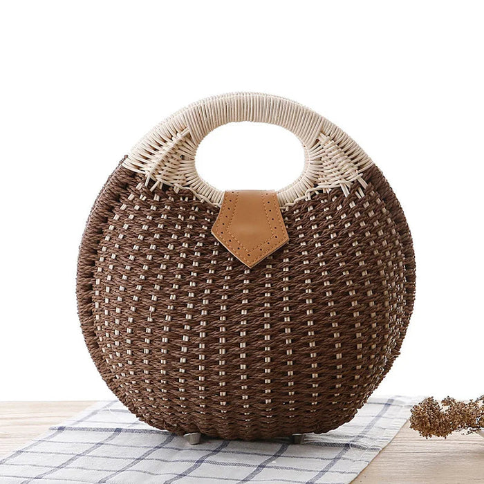 Women's Natural Rattan Handwoven Round Shell Handbag Top-handle Bag Summer Fashion Bohemia Female Casual Tote Clutch Beach Bag SF