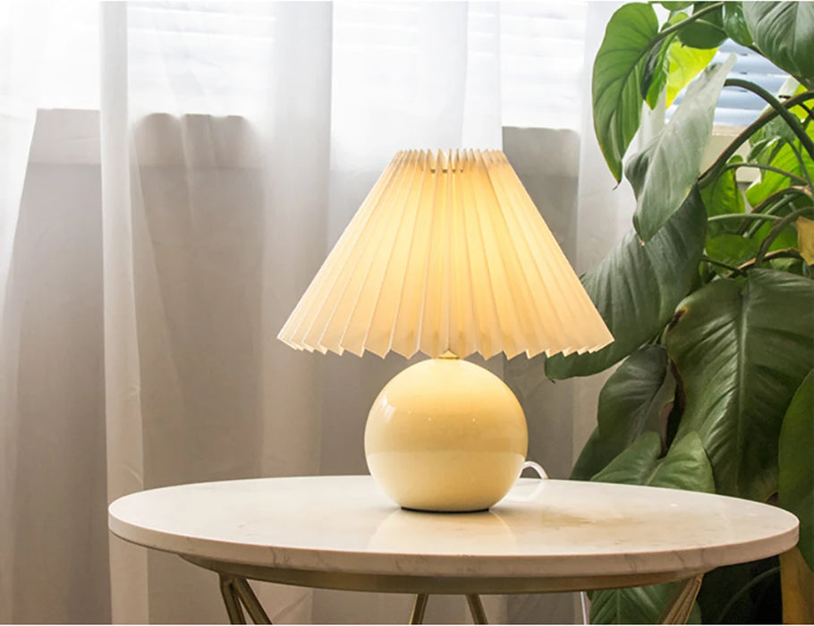 Korean Table Lamp – Vintage Pleated Fabric Shade with Ceramic Base - Samanta Factory