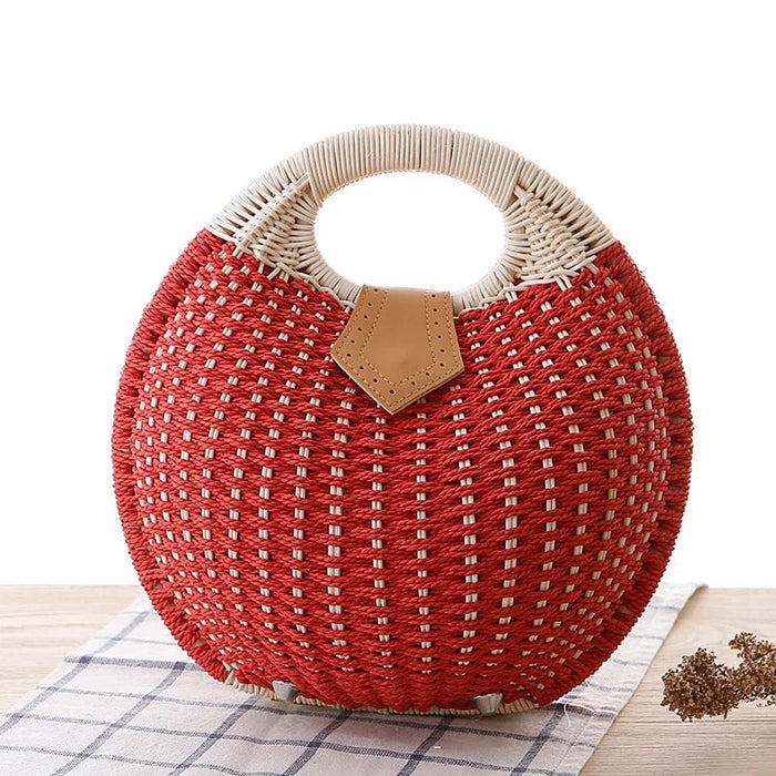 Women's Natural Rattan Handwoven Round Shell Handbag Top-handle Bag Summer Fashion Bohemia Female Casual Tote Clutch Beach Bag SF