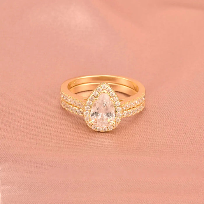 Pear Cut Bridal Ring Set – Sterling Silver With Halo Zircon Shine SF