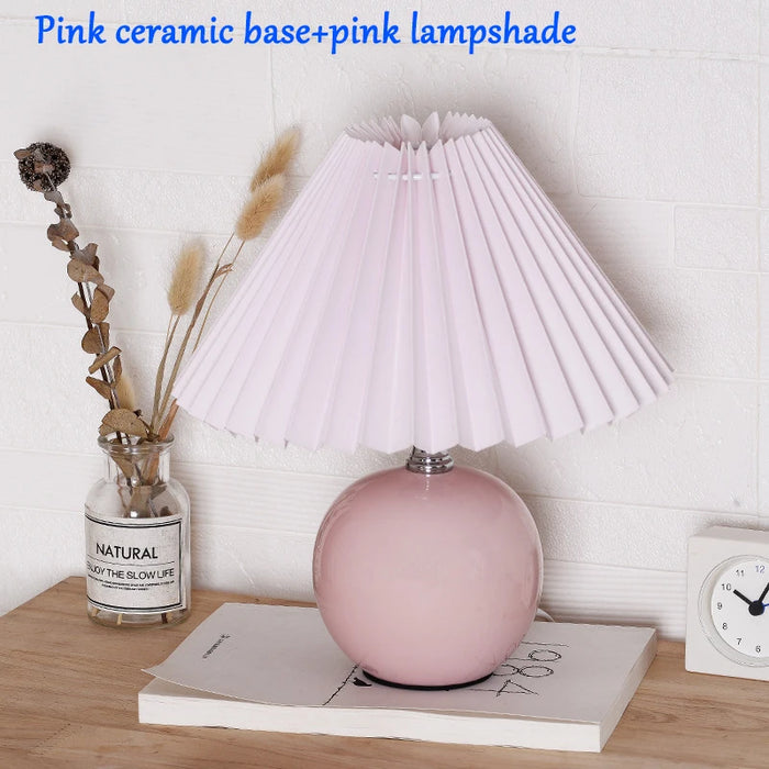 Korean Table Lamp – Vintage Pleated Fabric Shade with Ceramic Base - Samanta Factory