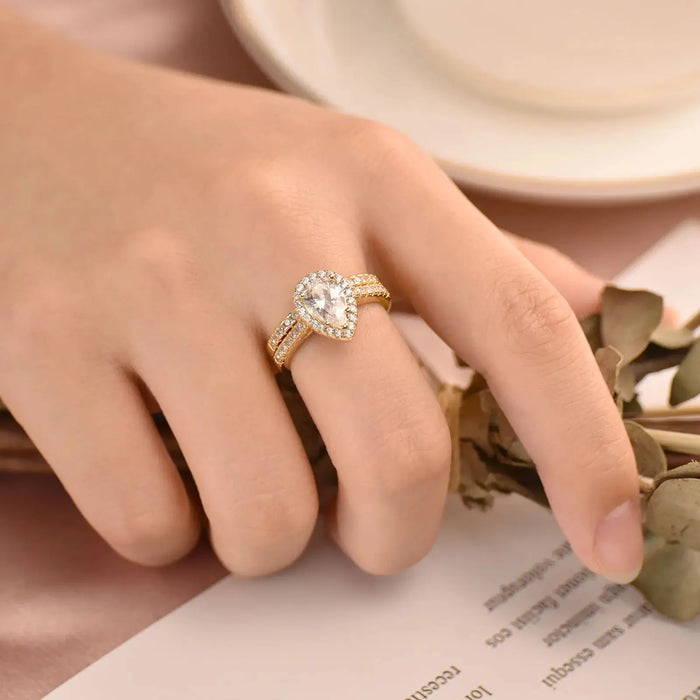 Pear Cut Bridal Ring Set – Sterling Silver With Halo Zircon Shine SF