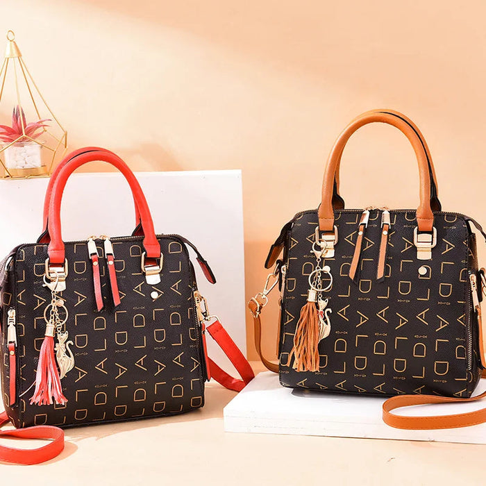 Women’s PU Leather Tote Handbag – Large Capacity Letter Design Tassel Shoulder Bag SF