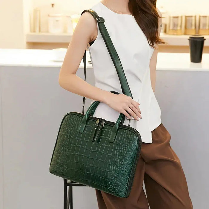 Women’s genuine leather laptop briefcase with zipper closure and animal print design