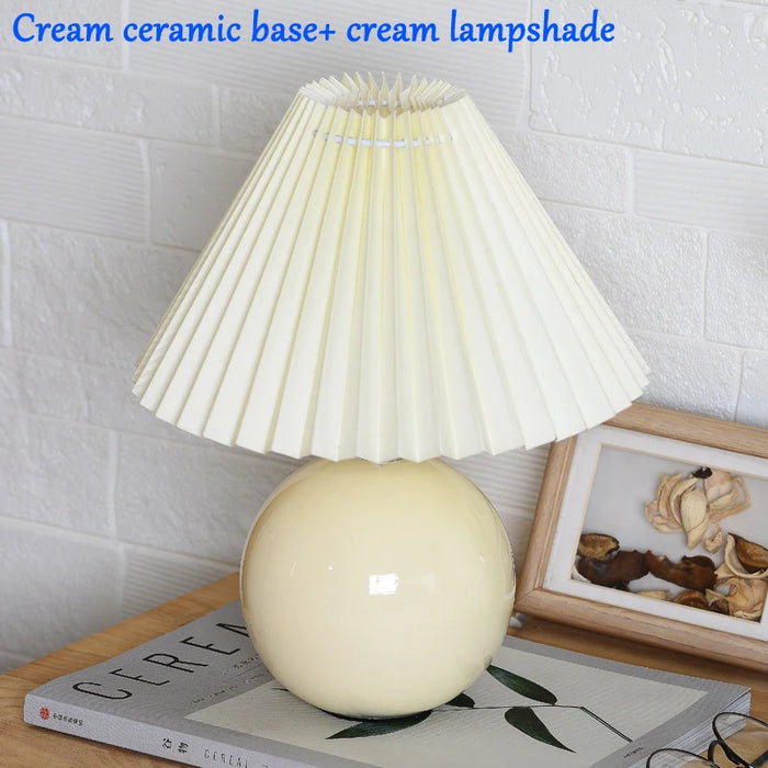 Korean Table Lamp – Vintage Pleated Fabric Shade with Ceramic Base - Samanta Factory