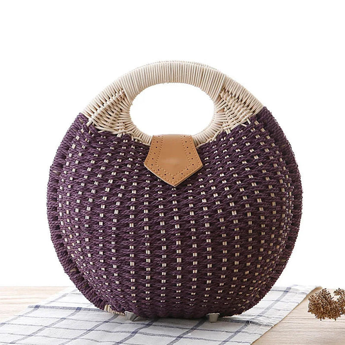 Women's Natural Rattan Handwoven Round Shell Handbag Top-handle Bag Summer Fashion Bohemia Female Casual Tote Clutch Beach Bag SF
