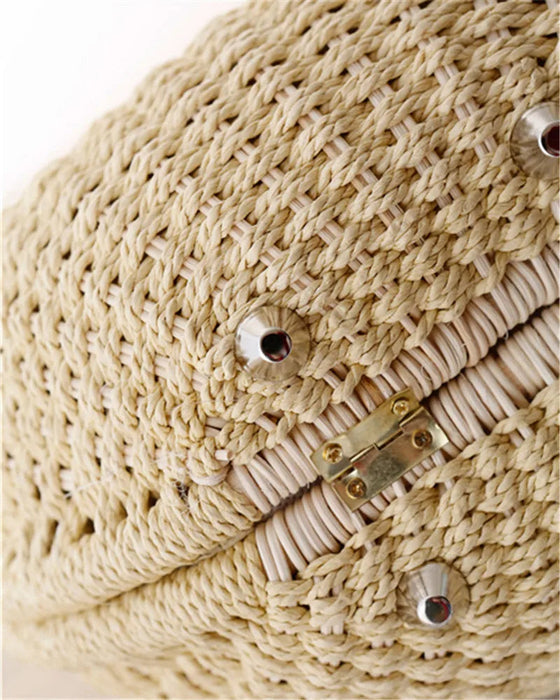 Women's Natural Rattan Handwoven Round Shell Handbag Top-handle Bag Summer Fashion Bohemia Female Casual Tote Clutch Beach Bag SF