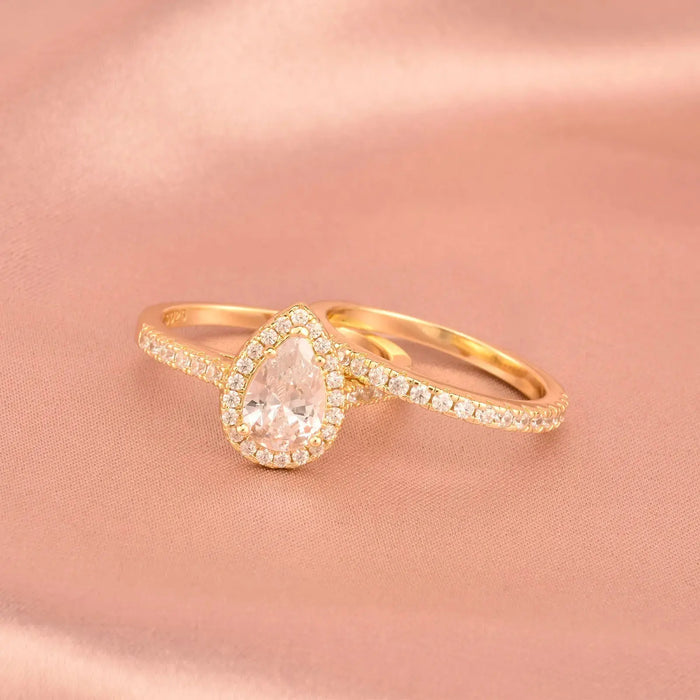 Pear Cut Bridal Ring Set – Sterling Silver With Halo Zircon Shine SF