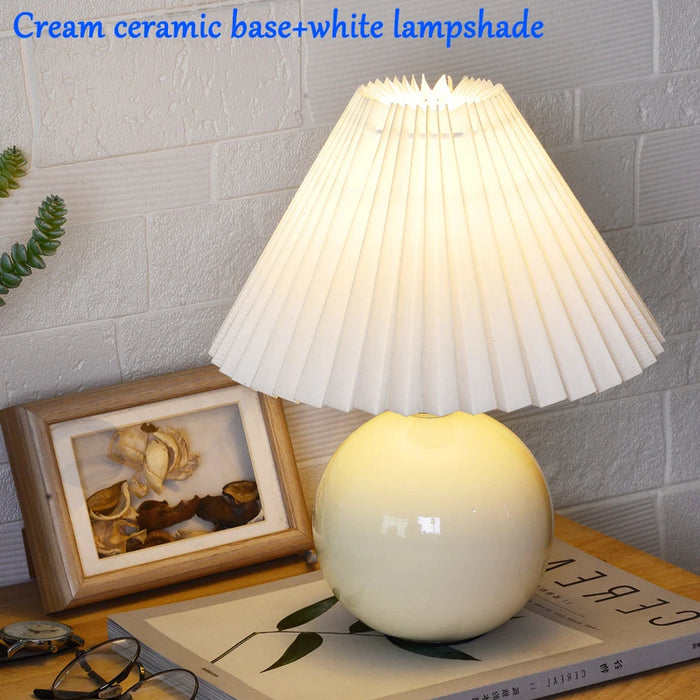 Korean Table Lamp – Vintage Pleated Fabric Shade with Ceramic Base - Samanta Factory
