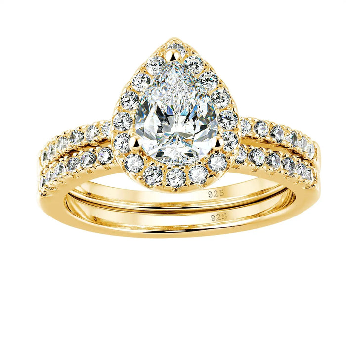 Pear Cut Bridal Ring Set – Sterling Silver With Halo Zircon Shine SF