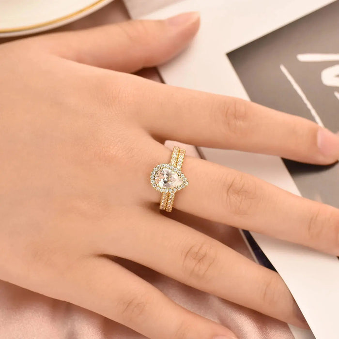 Pear Cut Bridal Ring Set – Sterling Silver With Halo Zircon Shine SF