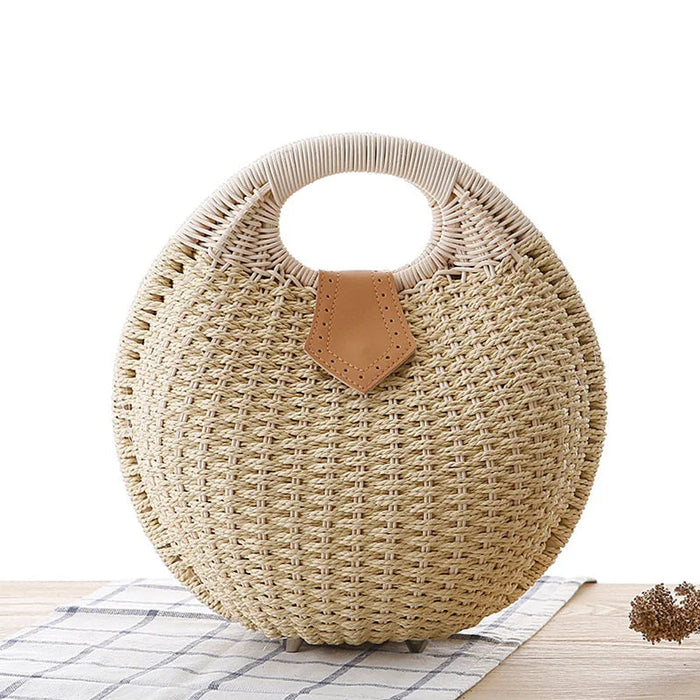 Women's Natural Rattan Handwoven Round Shell Handbag Top-handle Bag Summer Fashion Bohemia Female Casual Tote Clutch Beach Bag SF