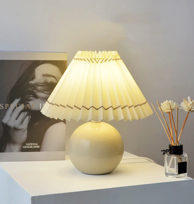 Korean Table Lamp – Vintage Pleated Fabric Shade with Ceramic Base - Samanta Factory