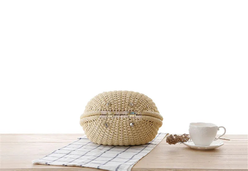 Women's Natural Rattan Handwoven Round Shell Handbag Top-handle Bag Summer Fashion Bohemia Female Casual Tote Clutch Beach Bag SF