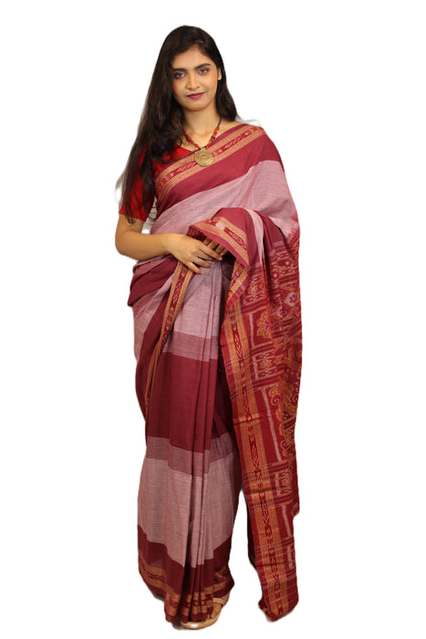 Khandua Cotton Saree – Traditional Ikat Weave with Geometric & Cultural Motifs - Samanta Factory