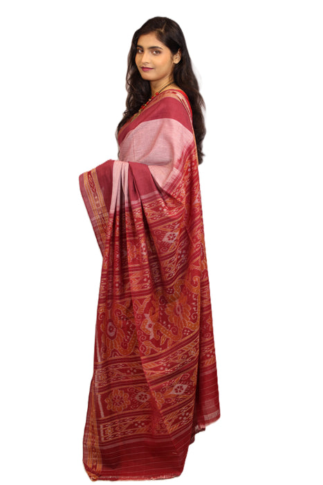 Khandua Cotton Saree – Traditional Ikat Weave with Geometric & Cultural Motifs - Samanta Factory