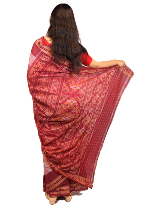 Khandua Cotton Saree – Traditional Ikat Weave with Geometric & Cultural Motifs - Samanta Factory