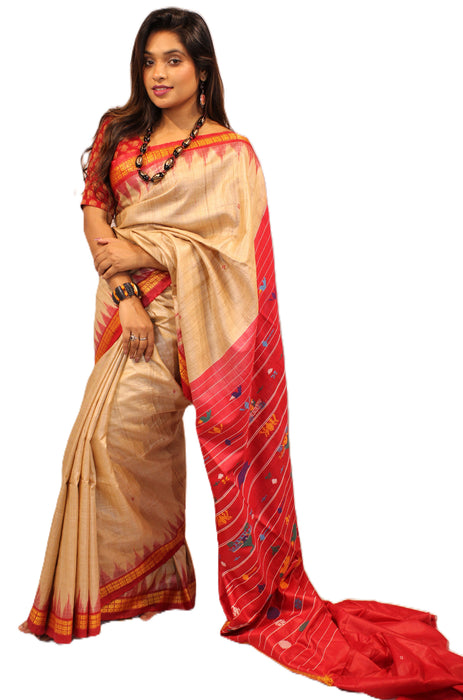 Tussar Silk Saree – Natural Golden Sheen with Tribal Elegance - Samanta Factory