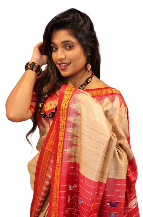 Tussar Silk Saree – Natural Golden Sheen with Tribal Elegance - Samanta Factory