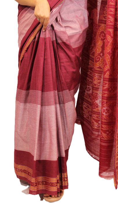 Khandua Cotton Saree – Traditional Ikat Weave with Geometric & Cultural Motifs - Samanta Factory