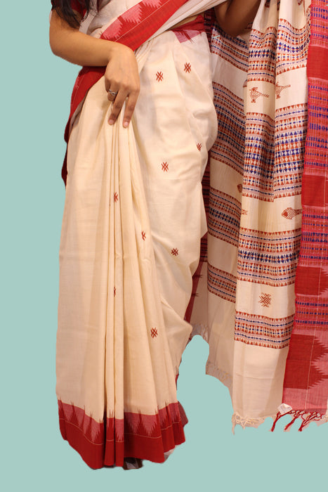 Kotpad Saree – Cream Body with Maroon Aul Dye - Samanta Factory