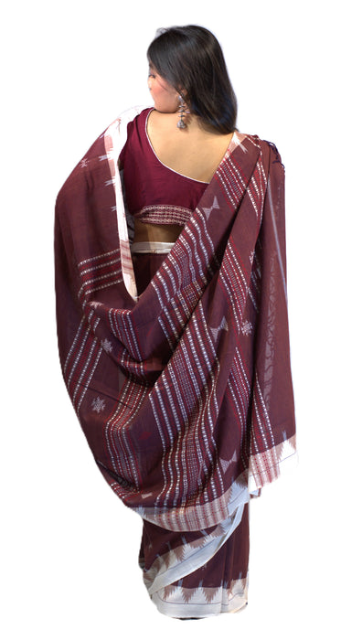 Kotpad Saree – Natural Maroon Body with Buti Tribal Motifs - Samanta Factory
