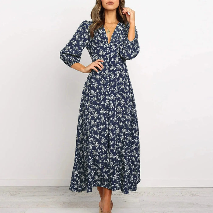 Women’s V-Neck Floral Maxi Dress – High-Waist Slit for Effortless Boho Chic - Samanta Factory