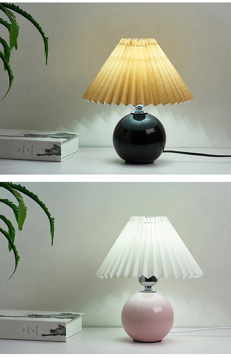 Korean Table Lamp – Vintage Pleated Fabric Shade with Ceramic Base - Samanta Factory