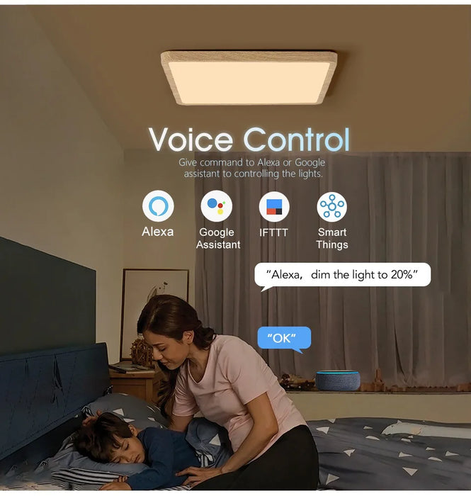MARPOU Tuya Smart LED Ceiling Lamp Wood Grain App Voice Control Alexa/Google Remote Control Square Ceiling Lights Living Room - Samanta Factory