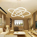 White Art Deco acrylic and iron pendant chandelier with remote control, ideal for dining rooms and hotel lobbies.