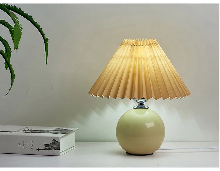 Korean Table Lamp – Vintage Pleated Fabric Shade with Ceramic Base - Samanta Factory