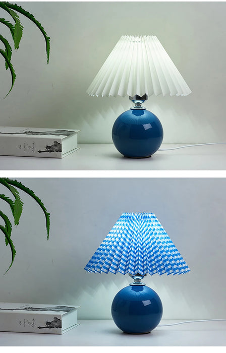 Korean Table Lamp – Vintage Pleated Fabric Shade with Ceramic Base - Samanta Factory