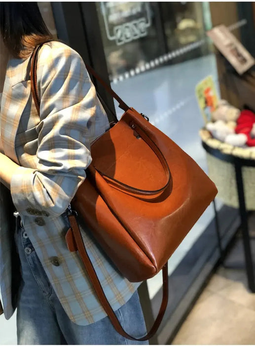 Vintage Cow Leather Shoulder Tote – Women’s Ruched Handbag SF