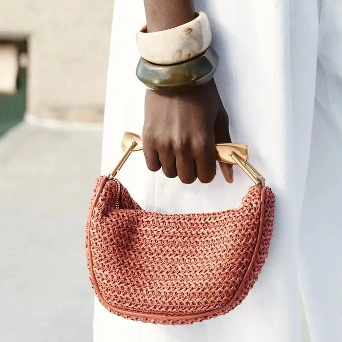 Women's Half Moon Straw Bag – Woven Bucket Crossbody Shoulder Bag for Summer Beach SF