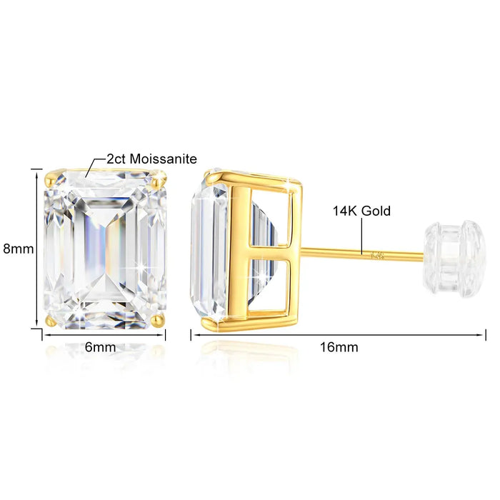 14K Gold Emerald Cut Moissanite Stud Earrings – AU585 Certified SF