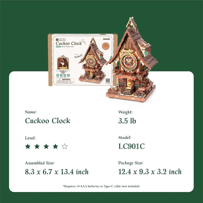 Wooden Cuckoo Clock 3D Puzzle – Light-Up Fairy Treehouse with Moving Bird & LED Lights - Samanta Factory